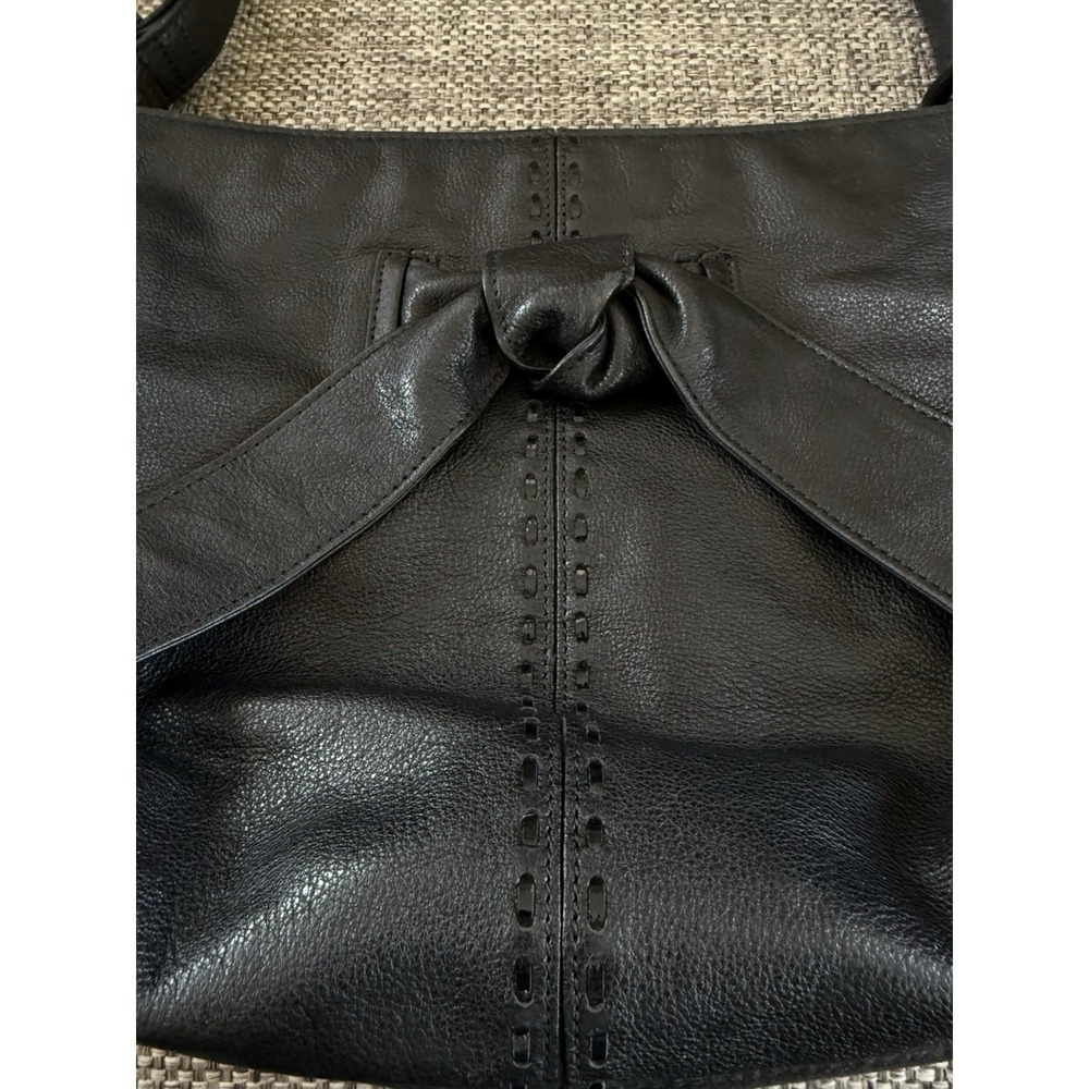 Brighton Cleo Bow Leather Large Metallic Black Shoulder Bag Side Pockets 16x12" - Picture 2 of 8